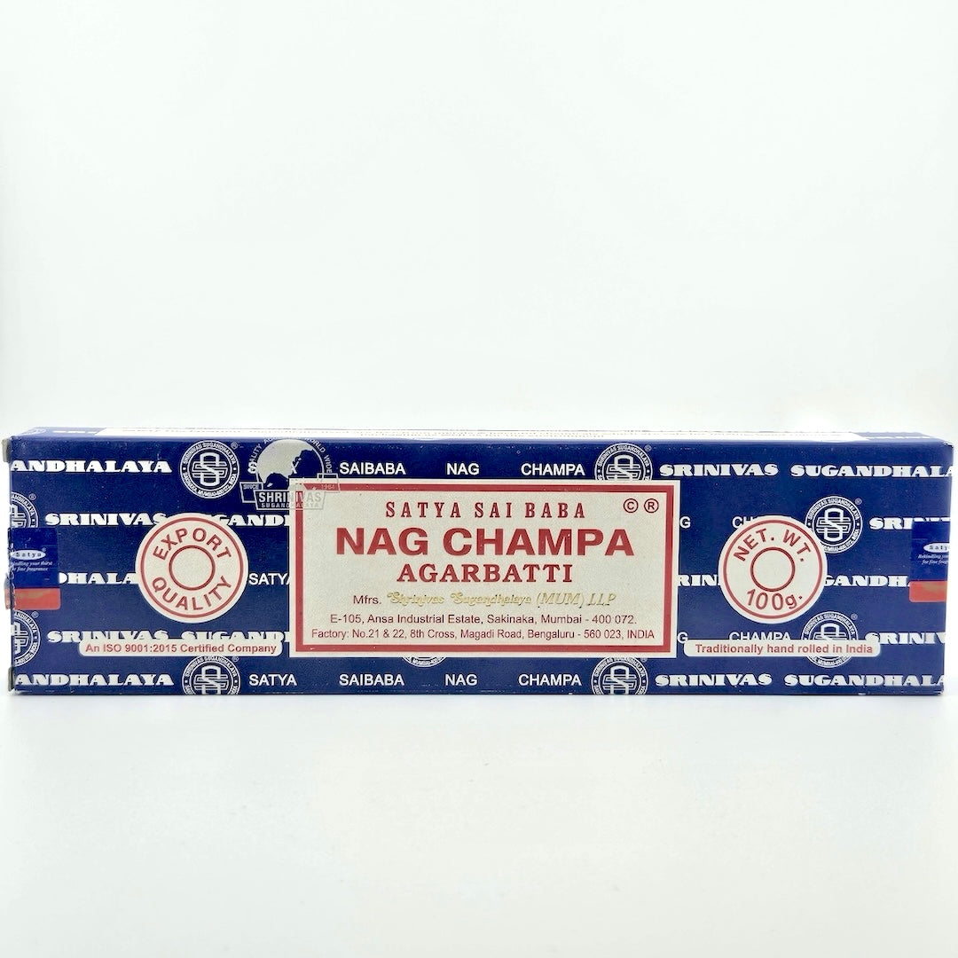 Blue box with white printed company name with white label with red border & printed product details.