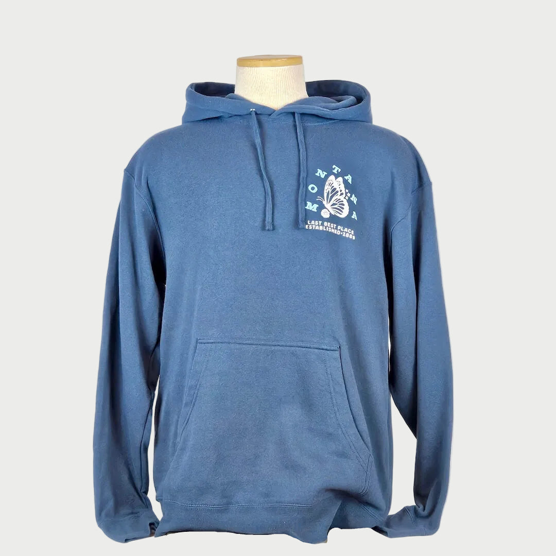 Blue hoodie with a logo on a mannequin against a white background