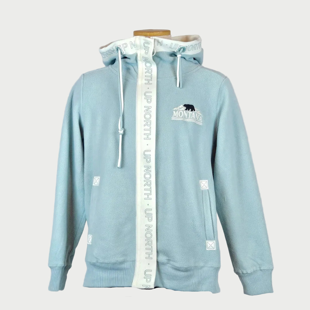 Light blue hoodie with a logo on a mannequin against a gray background