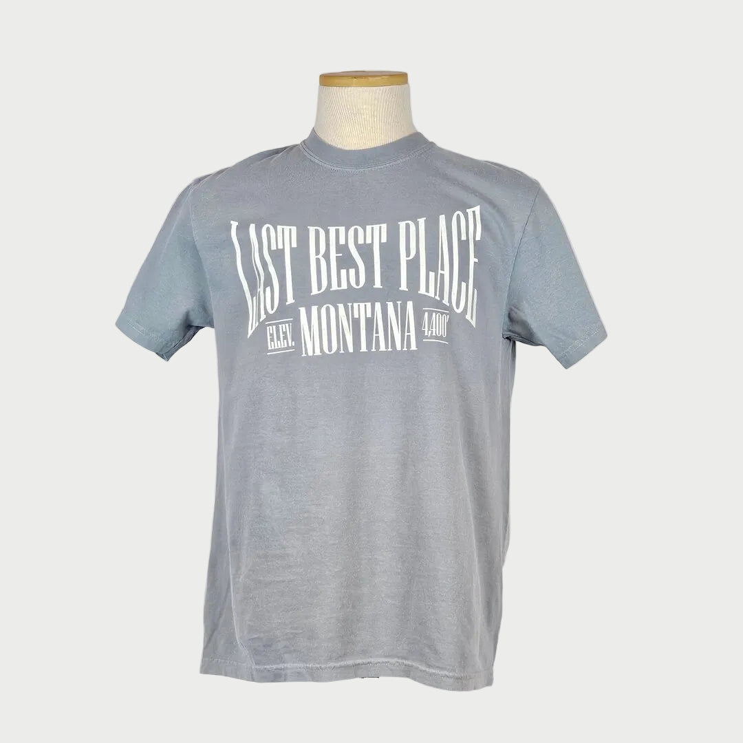 Gray t-shirt with 'Last Best Place Montana' text on a mannequin against a white background