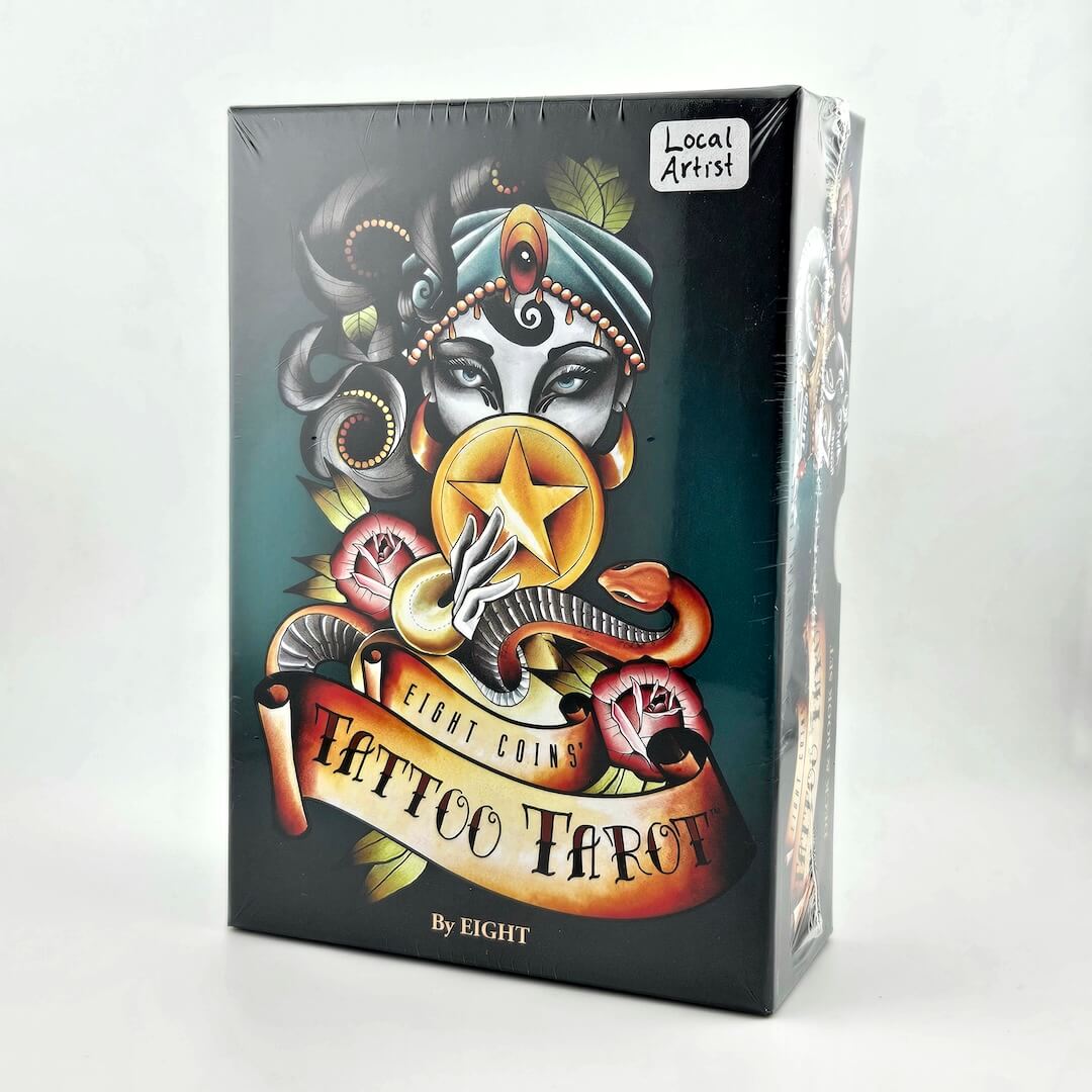 Tattoo Tarot card set packaging with intricate designs and 'Local Artists' label on a white background