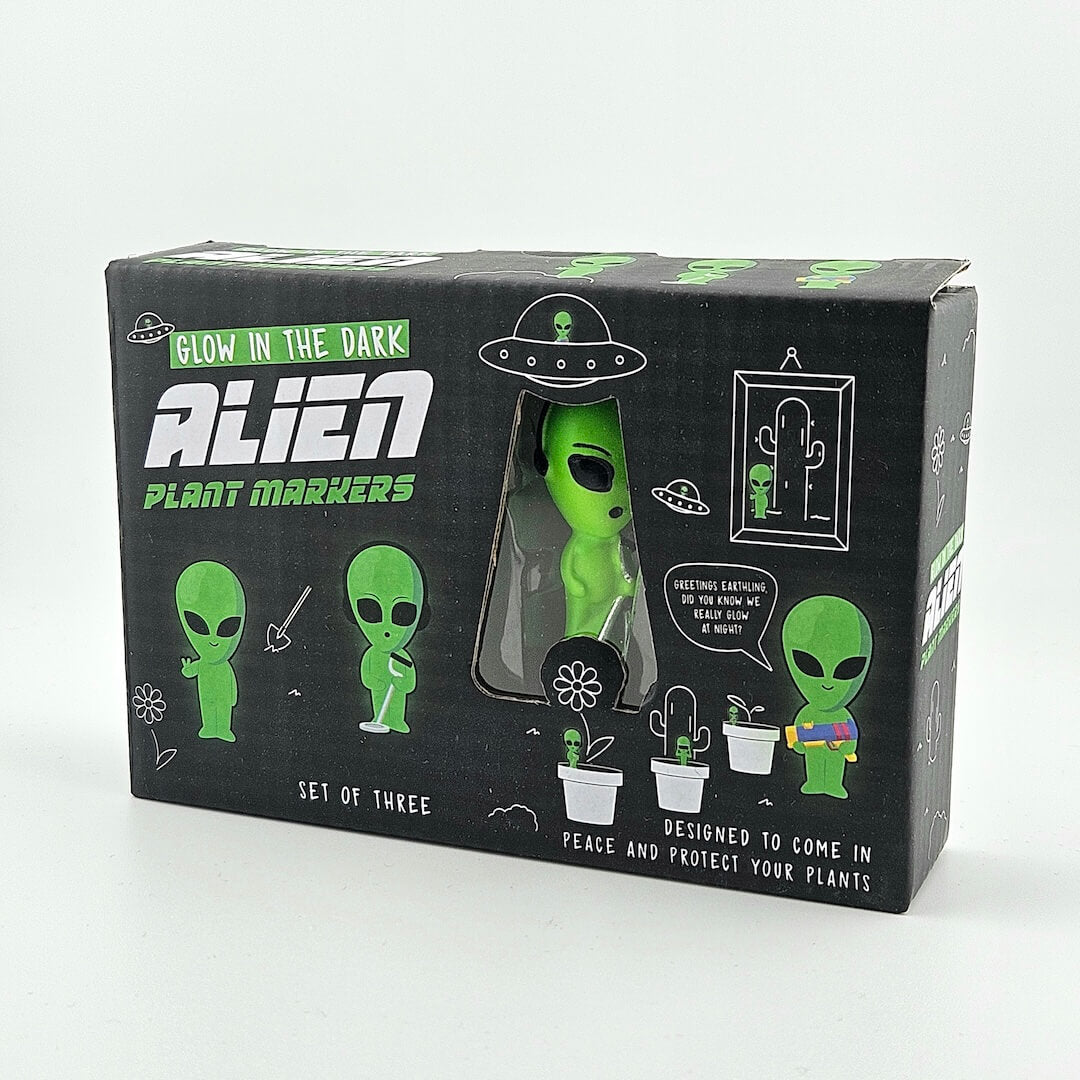 Packaging for alien plant markers against white background.