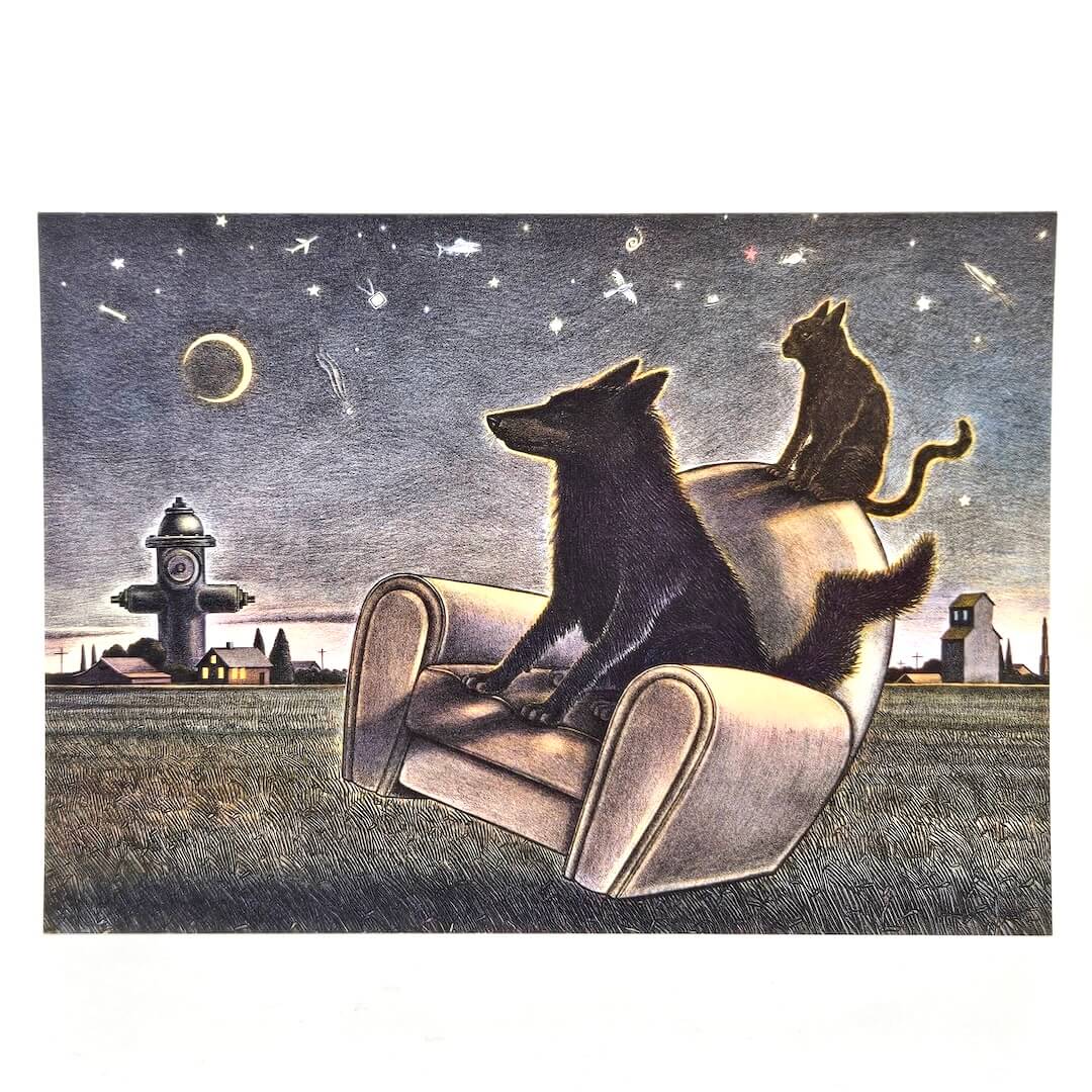 Illustration of a wolf and a cat sitting on a couch under a starry sky with a lighthouse in the background.