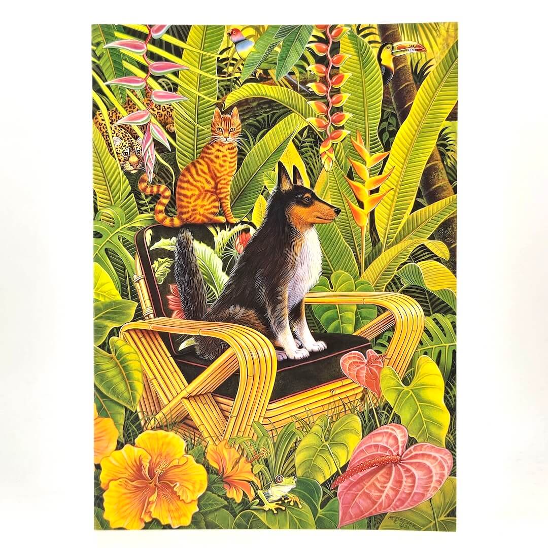 Illustration of a cat and dog on a chair surrounded by tropical plants and flowers