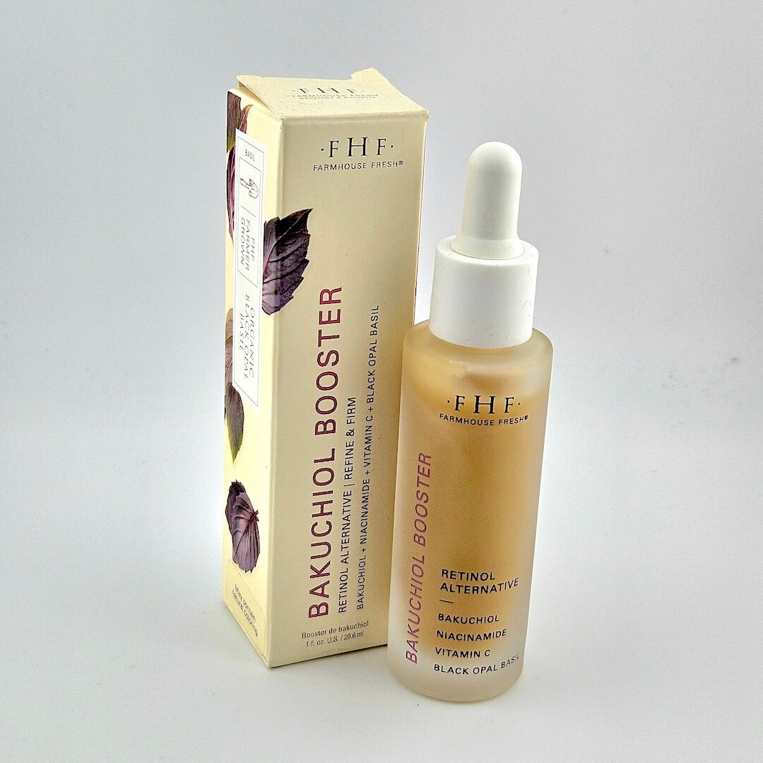 FHE Bakuchiol Booster bottle and packaging on a white background