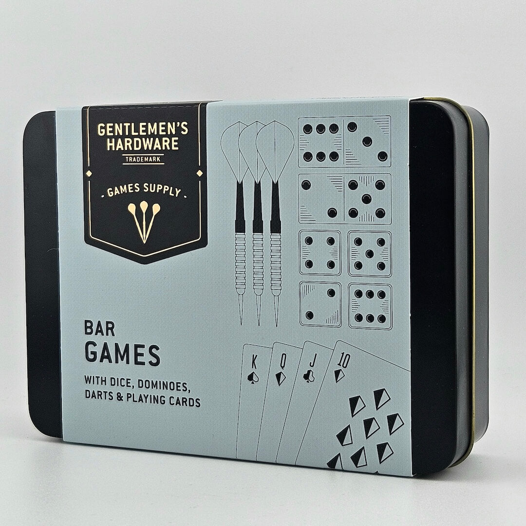 Gentlemen's Hardware bar games set packaging on a light gray background