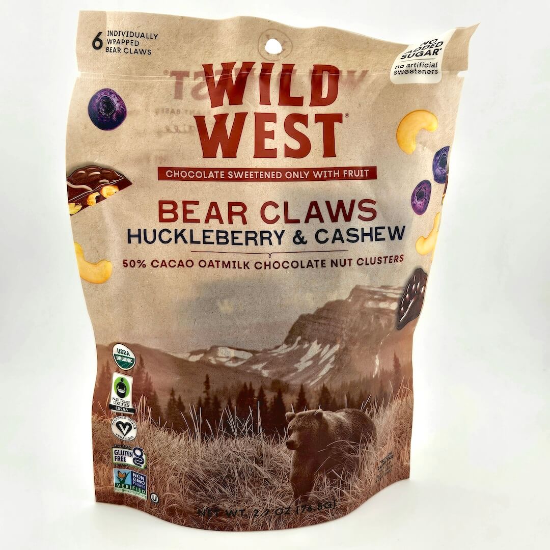Bag of Wild West Bear Claws Huckleberry & Cashew clusters on a white background