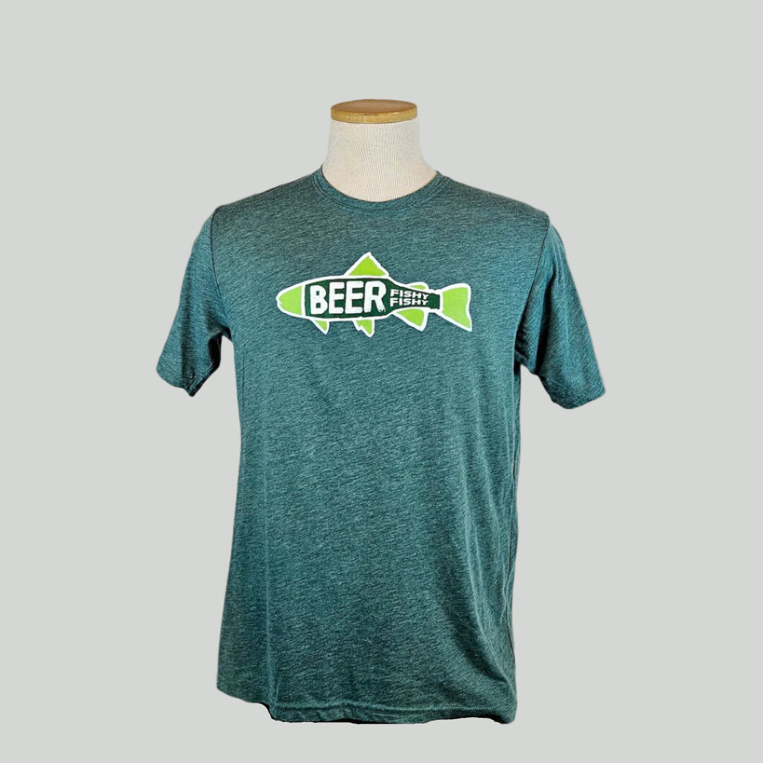 Green t-shirt with 'BEER FISHY' graphic on a mannequin against a white background