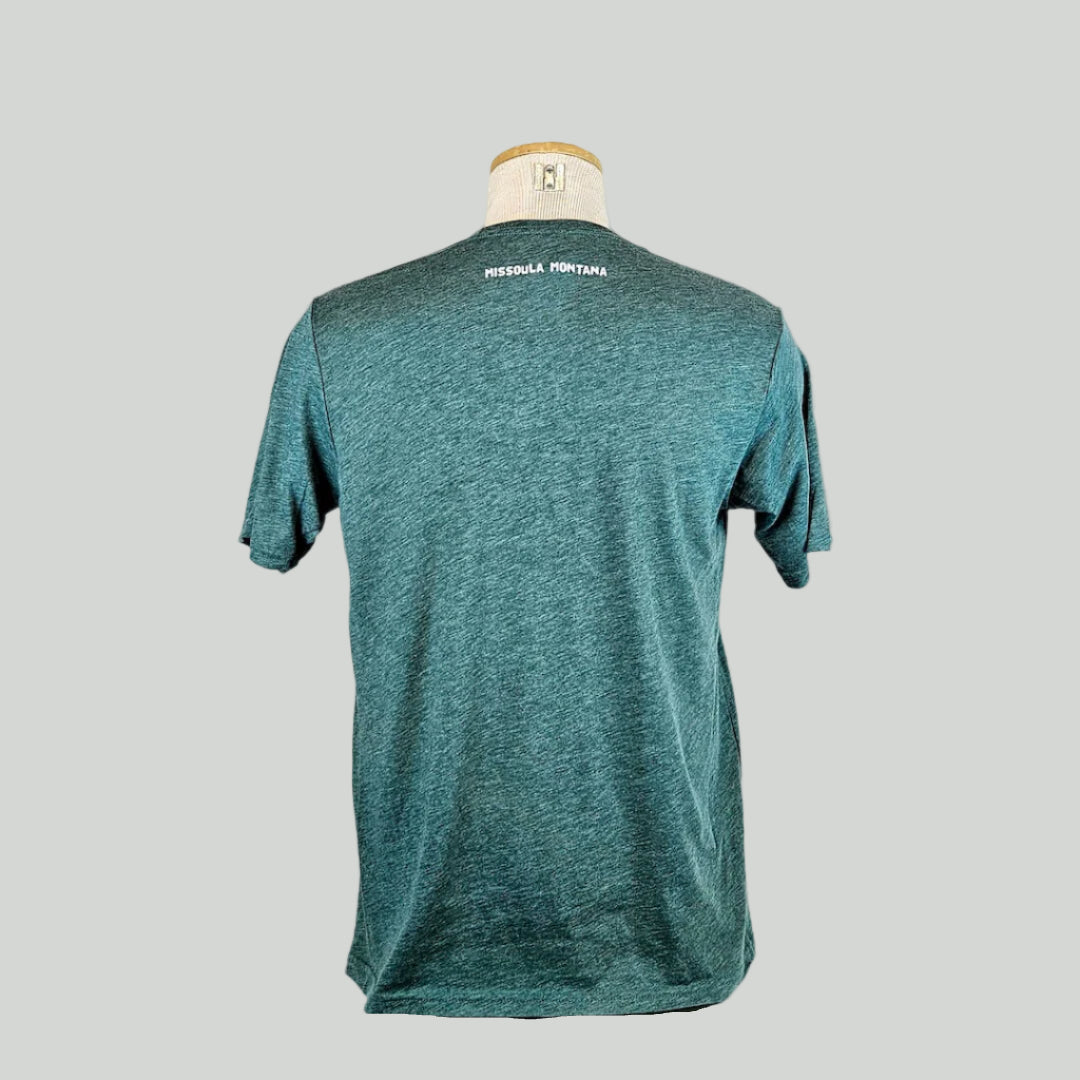 Green t-shirt on a mannequin with 'Missoula, Montana' across upper back on a white background