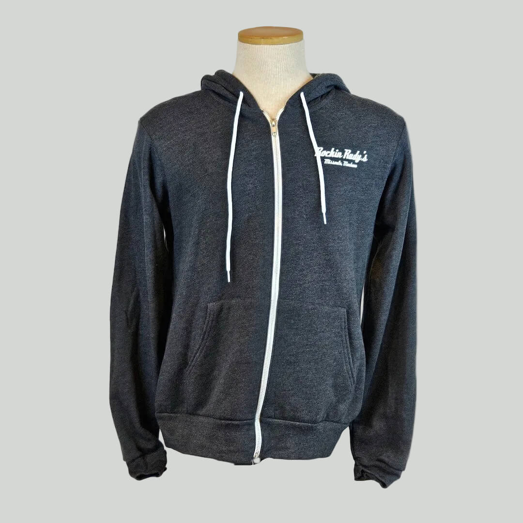 Dark gray hoodie with white zipper and branding on a mannequin against a white background