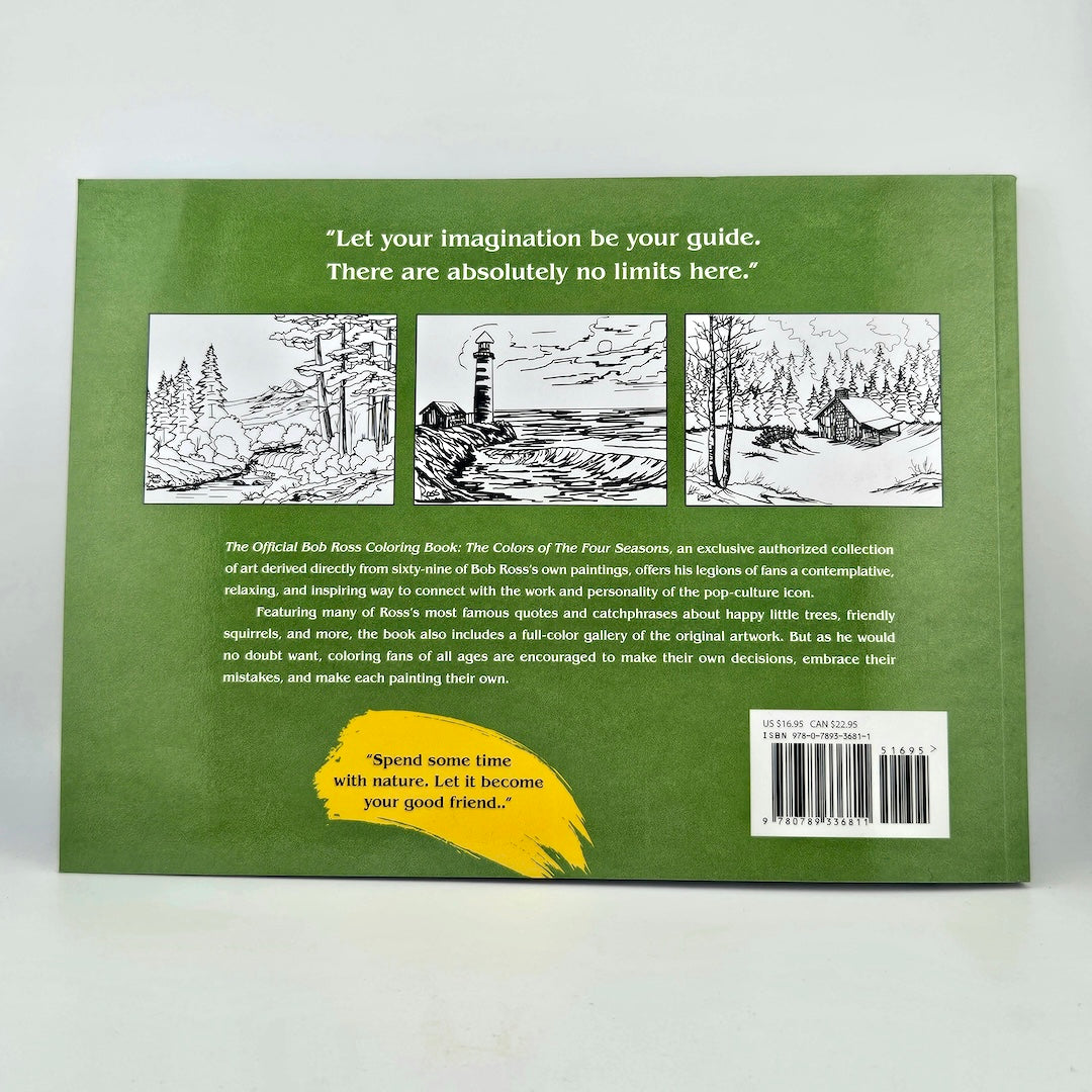Back cover of a coloring book with illustrations and text on a green background