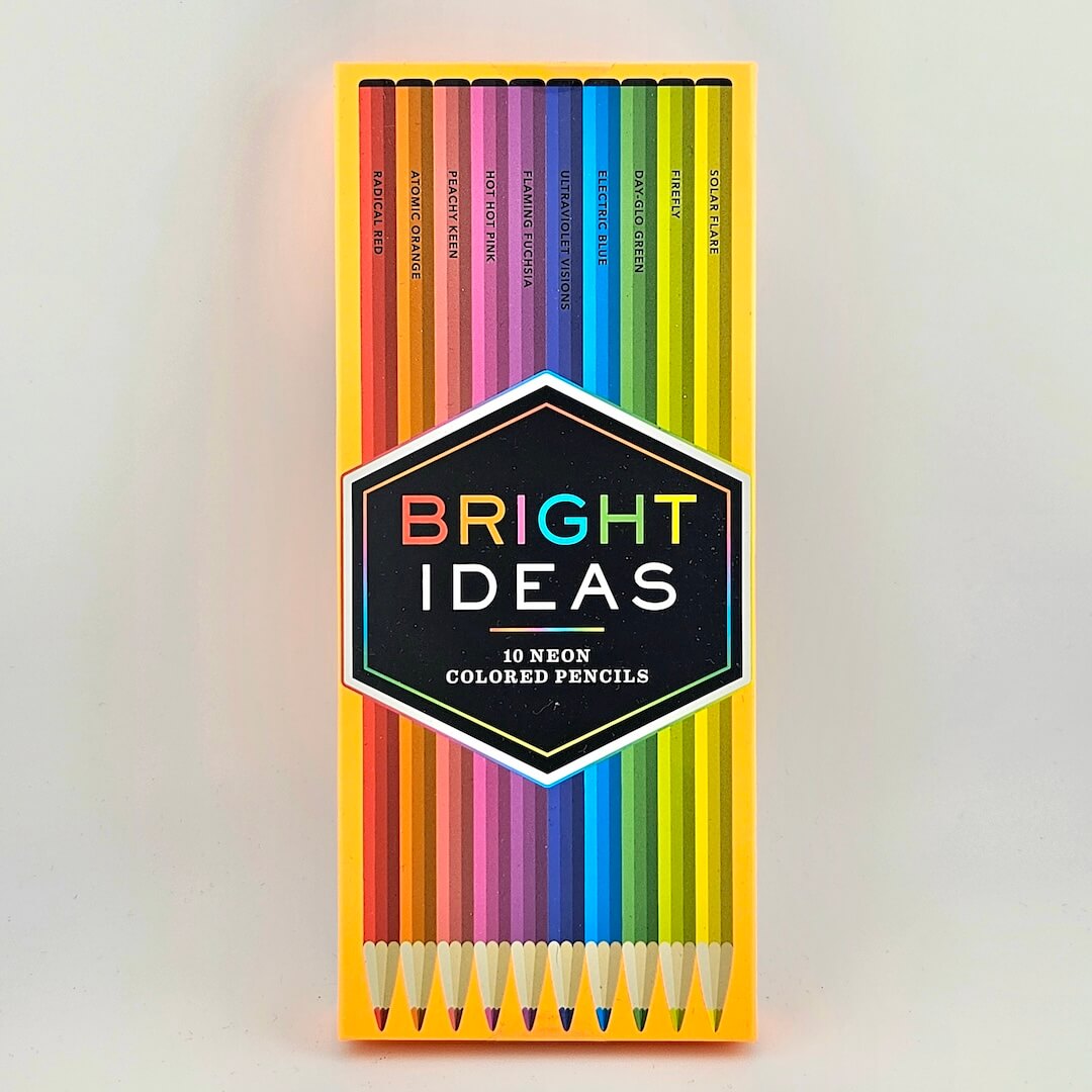 Pack of 10 neon colored pencils with 'Bright Ideas' branding on a light gray background