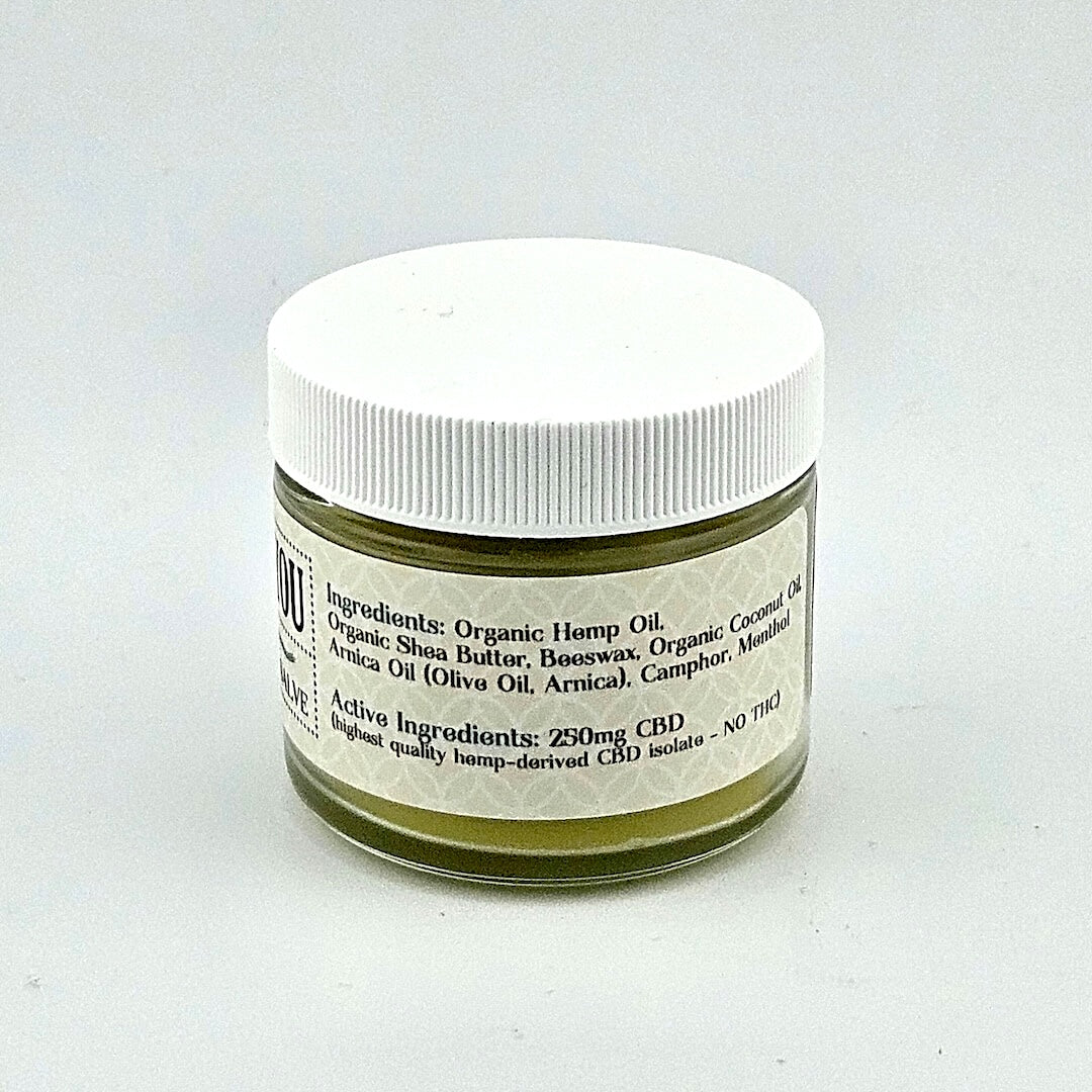 Short glass jar with white plastic lid and white label with black print.