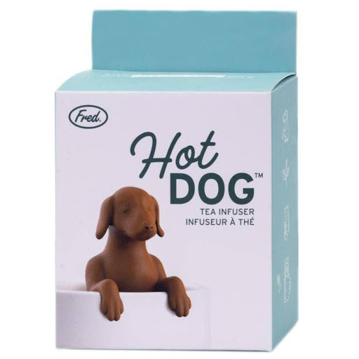 white and blue box for Hot Dog Fred tea infuser against white background.
