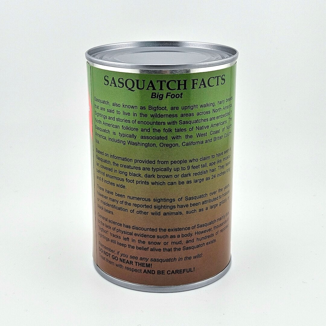 Can with colored label with black printed text detailing story and Big Foot facts.