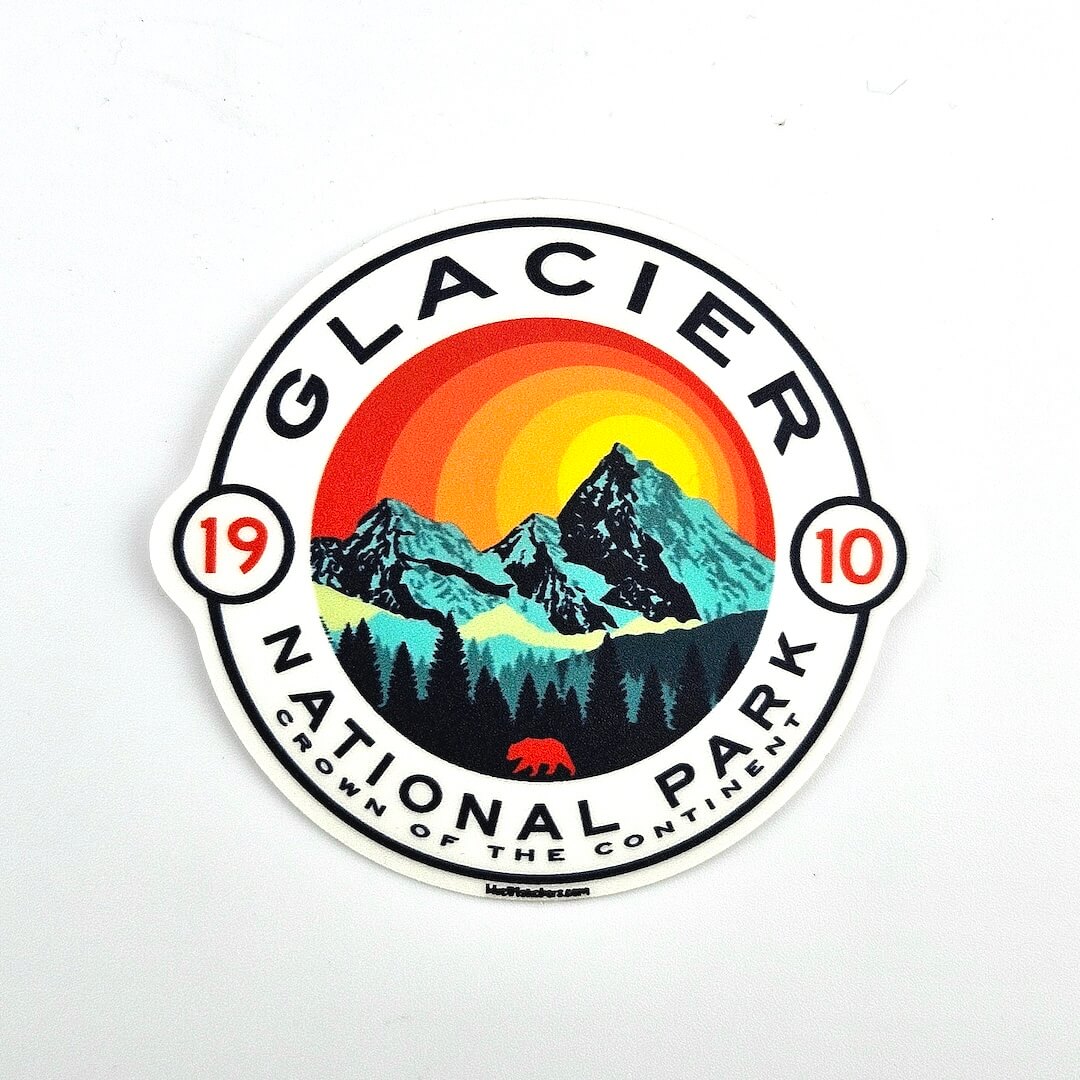 Sticker of Glacier National Park with mountain and bear design on a white background