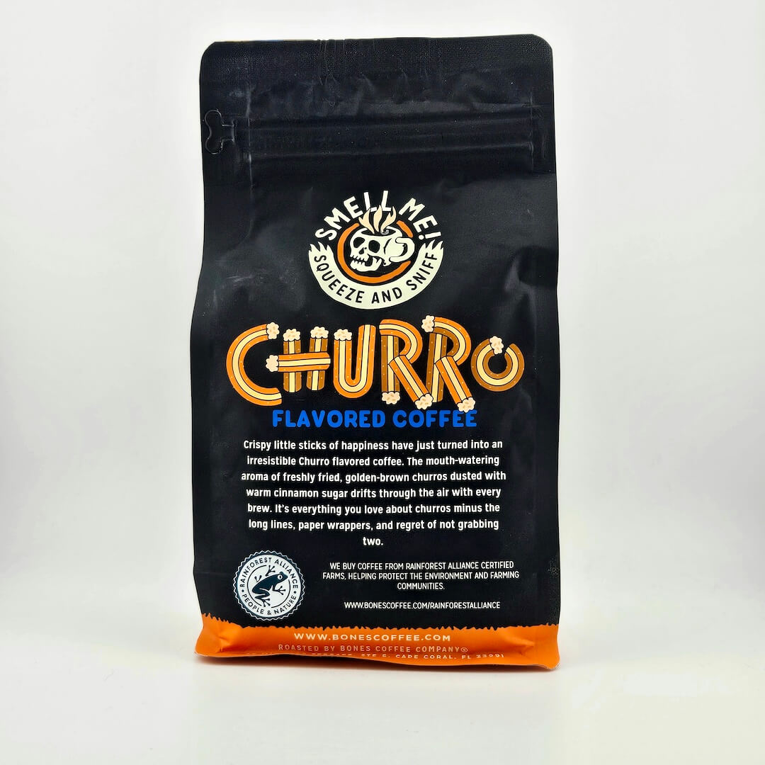 Black coffee bag with "Bones Coffee Company" branding and skeleton illustration.