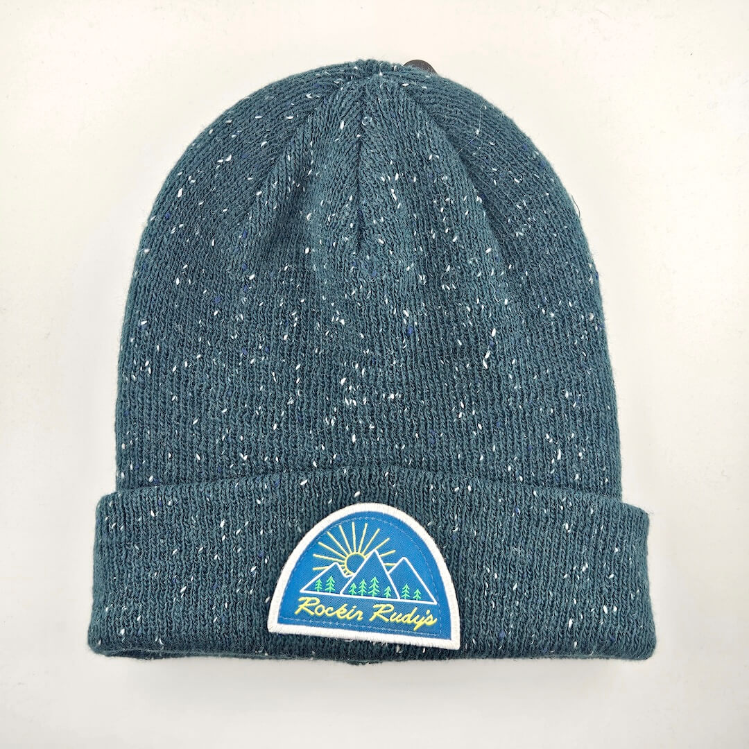 Blue speckled beanie with a logo on a white background