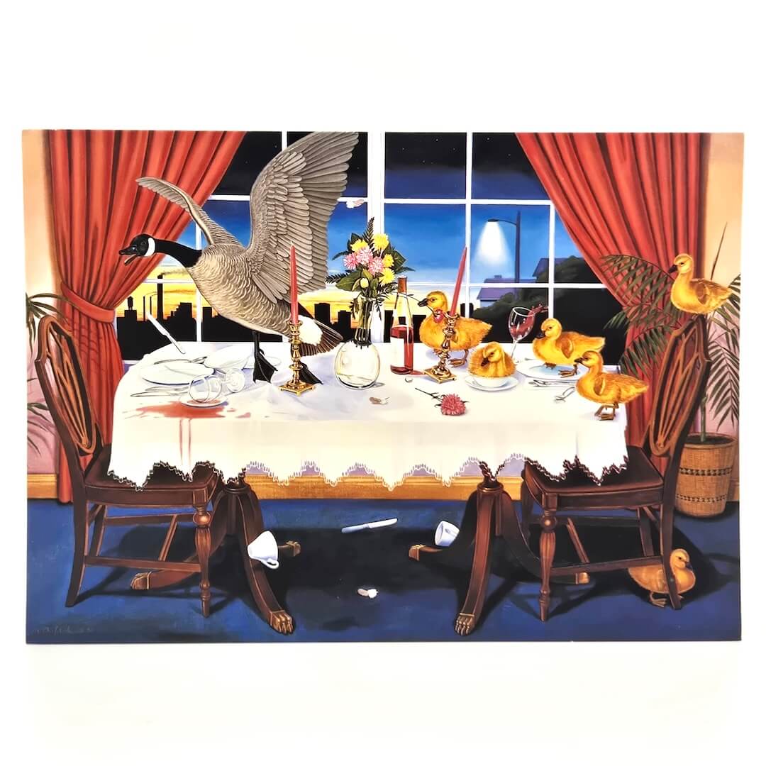 Dinner party scene with a goose and ducks at a table, featuring red curtains and a cityscape view.