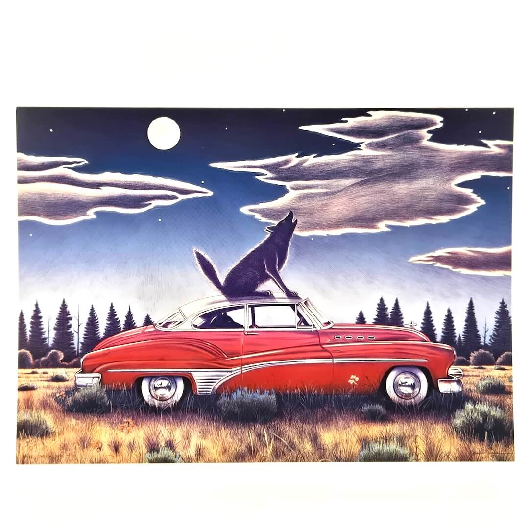 Illustration of dog sitting on top of classic car with sky in background.