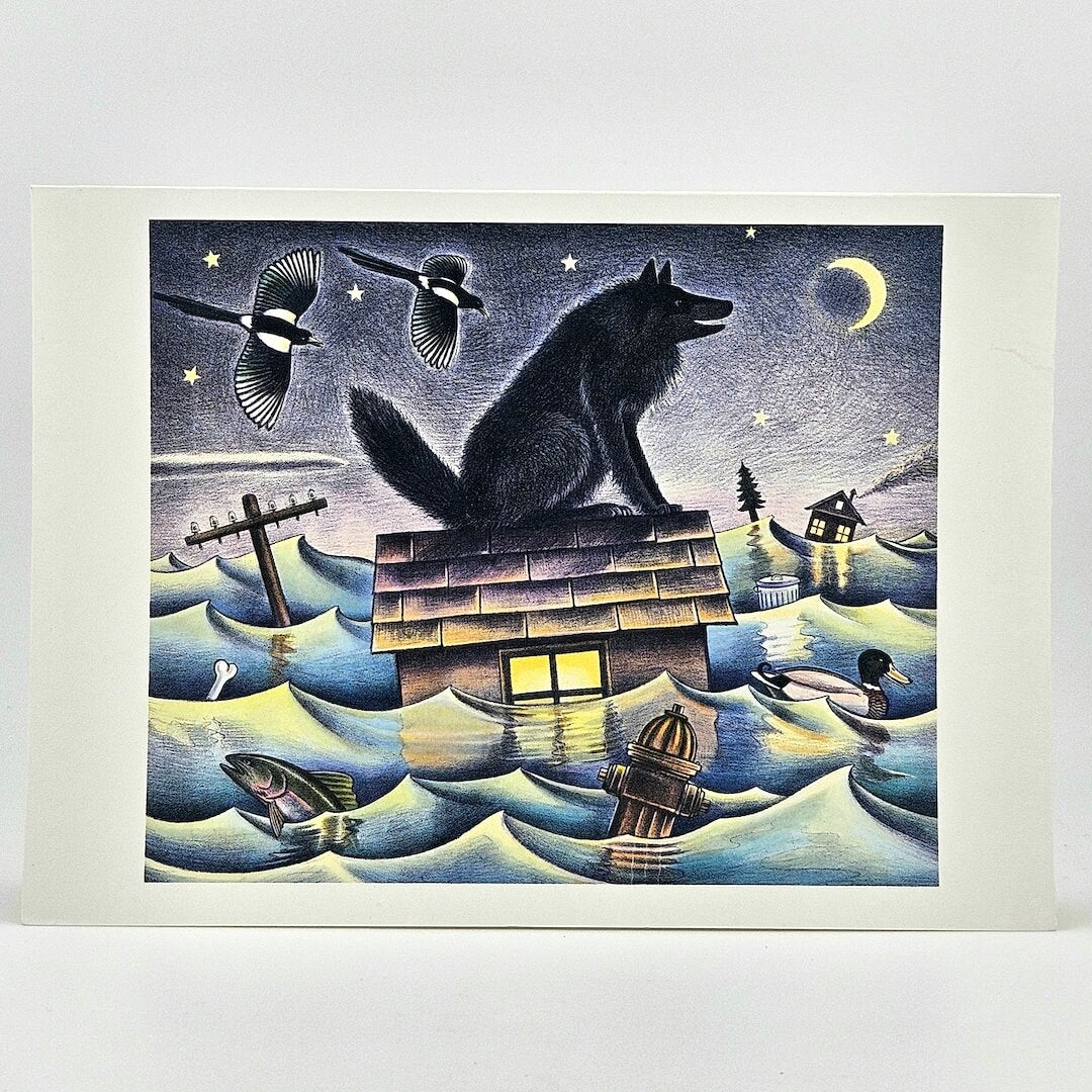 Illustration of dog sitting on floating house with various graphics around it.