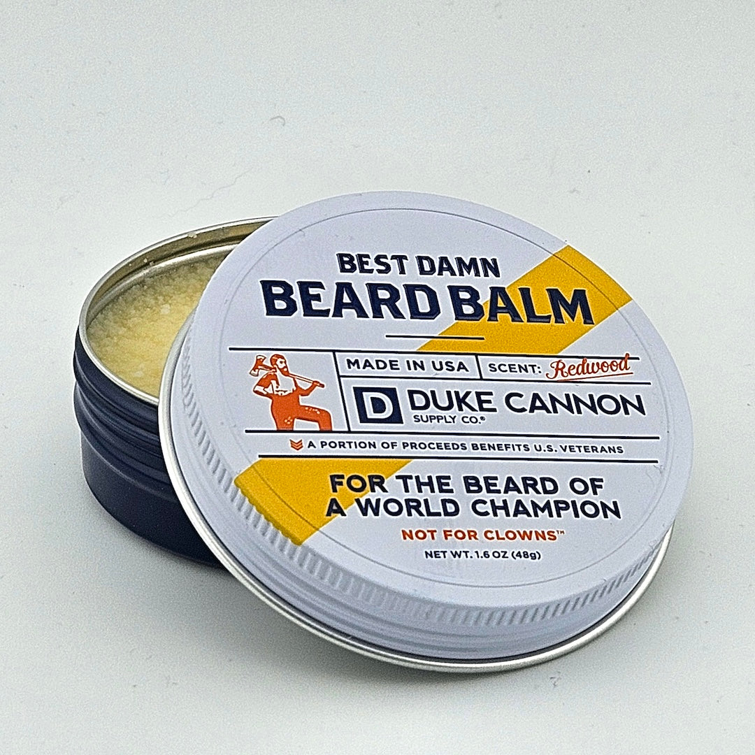 Duke Cannon beard balm container on a white background