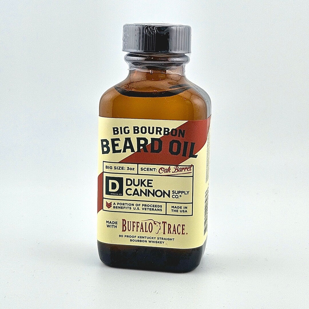 Bottle of Big Bourbon Beard Oil by Duke Cannon on a white background