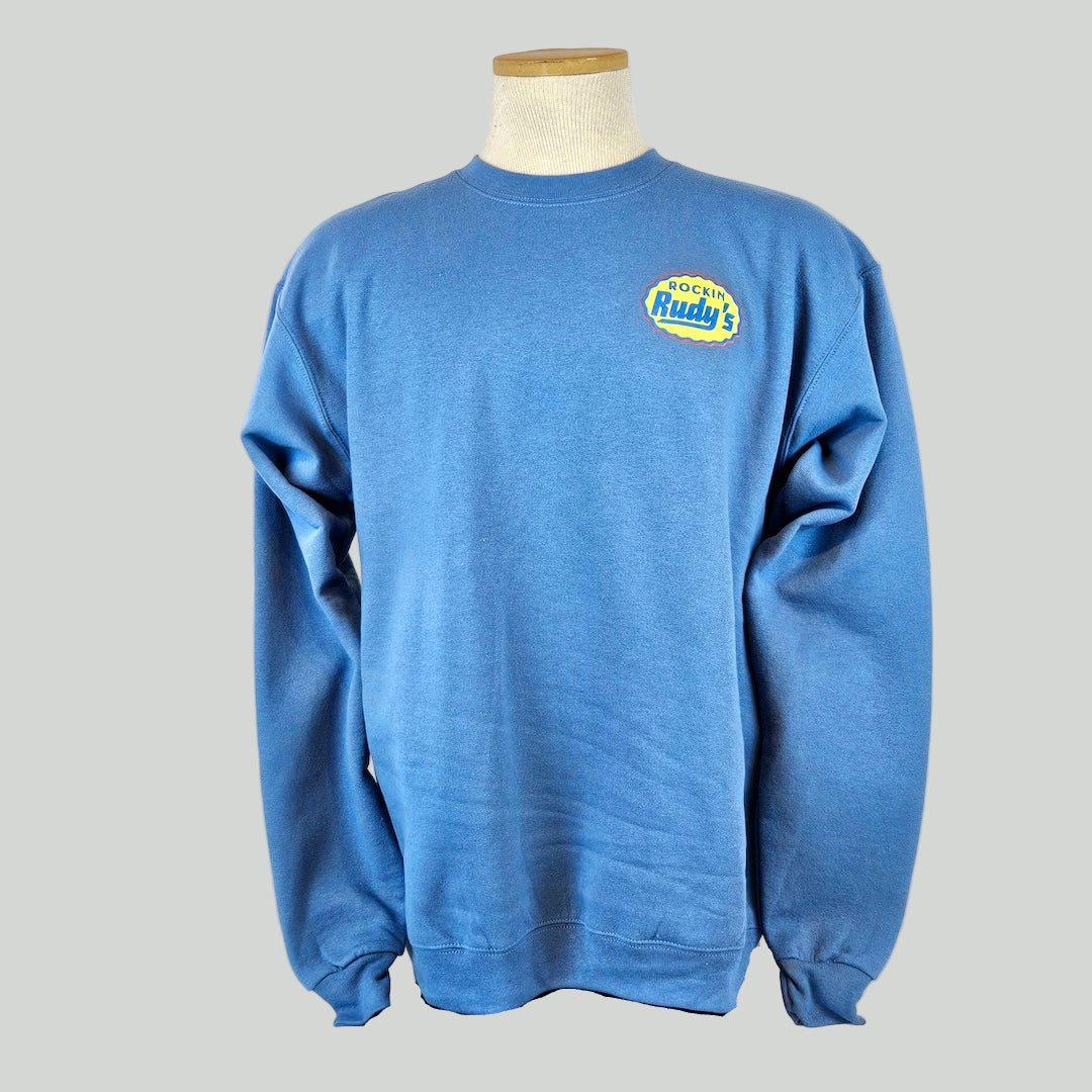 Blue sweatshirt with a logo on a mannequin against a white background