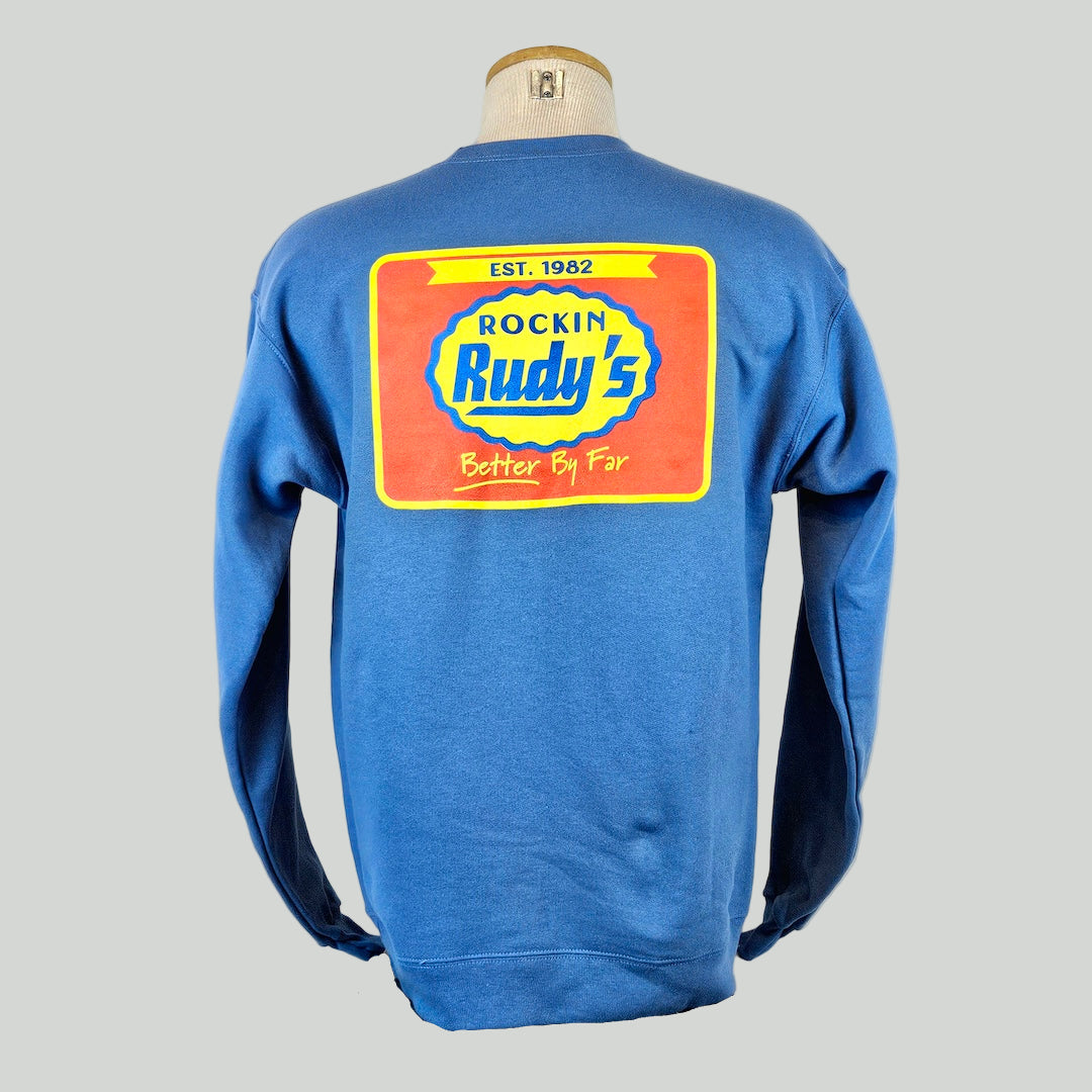 Blue sweatshirt with a colorful logo on a mannequin against a white background