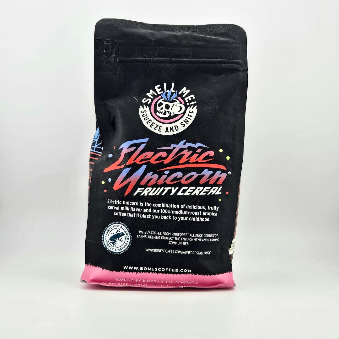 Black coffee bag with "Bones Coffee Company" branding and skeleton illustration.