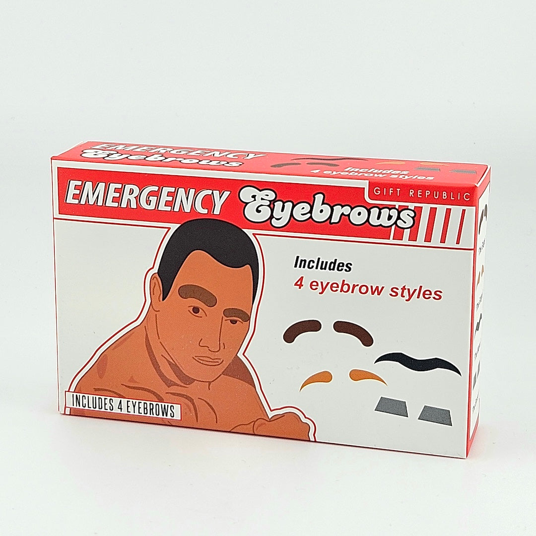 Box of 'Emergency Eyebrows' with illustrations on a white background