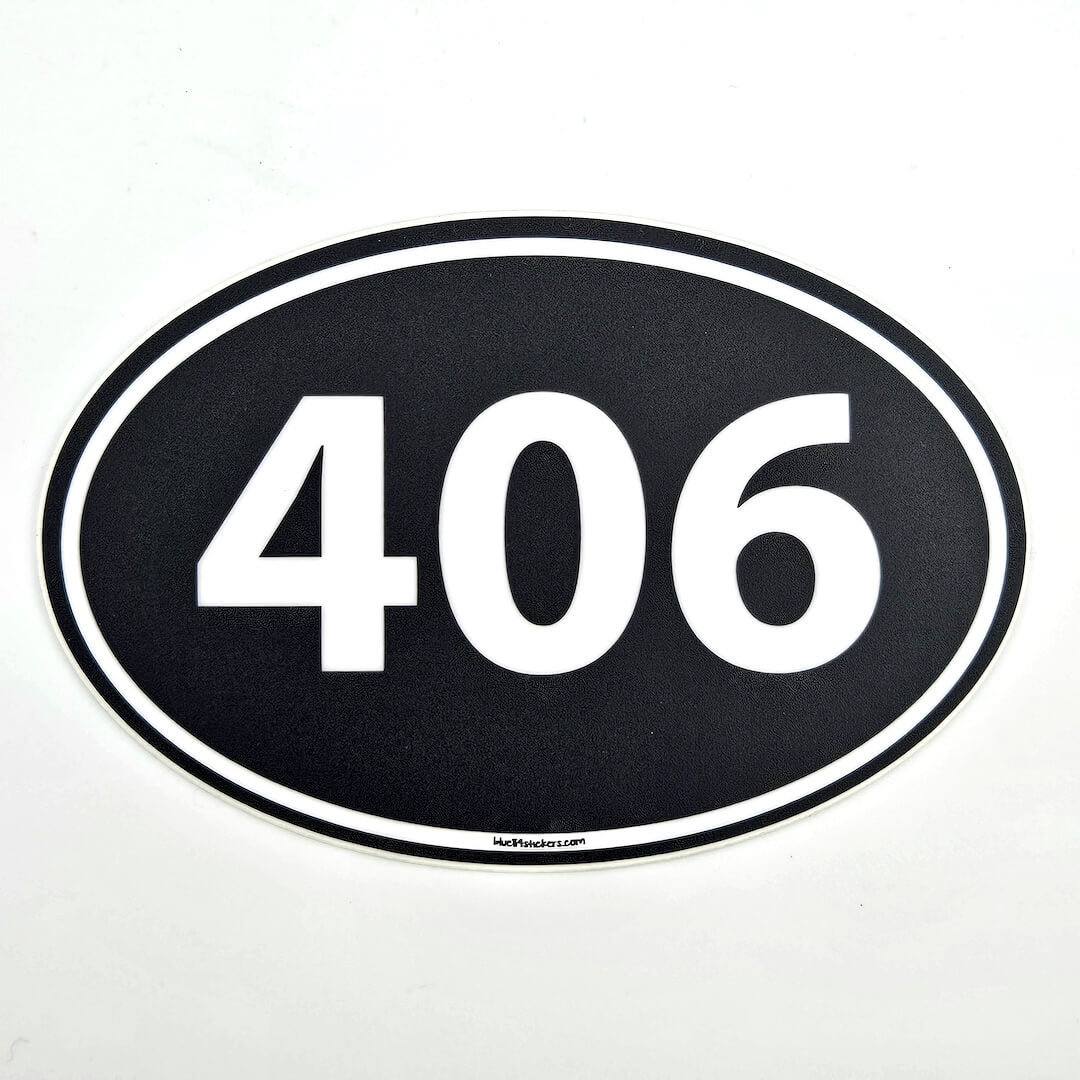 Oval-shaped sticker with the number '406' on a black background