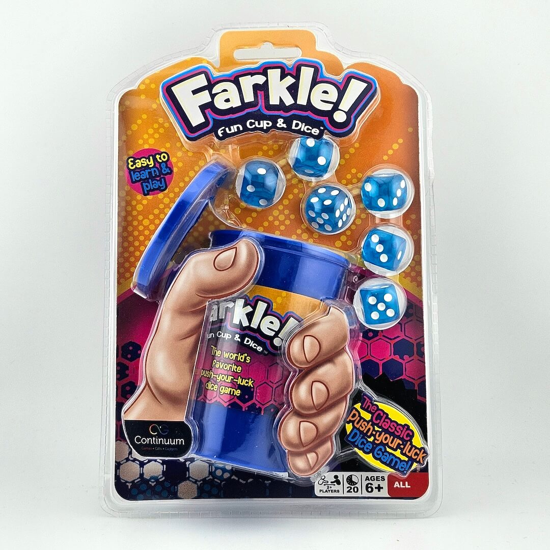 Farkle! game packaging with dice and cup on a white background
