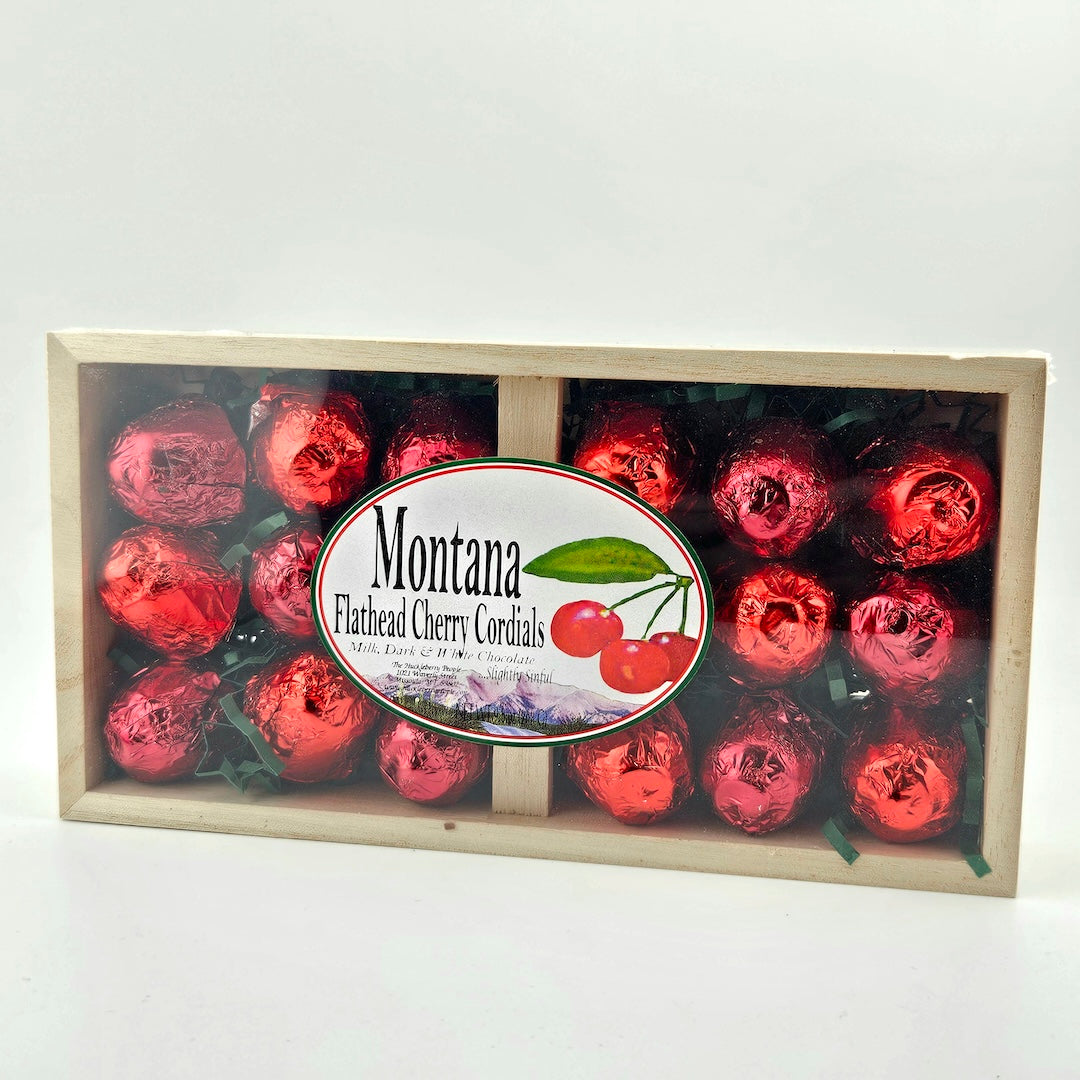 Box of Montana Flathead Cherry Cordials with a clear front panel showing red candies.