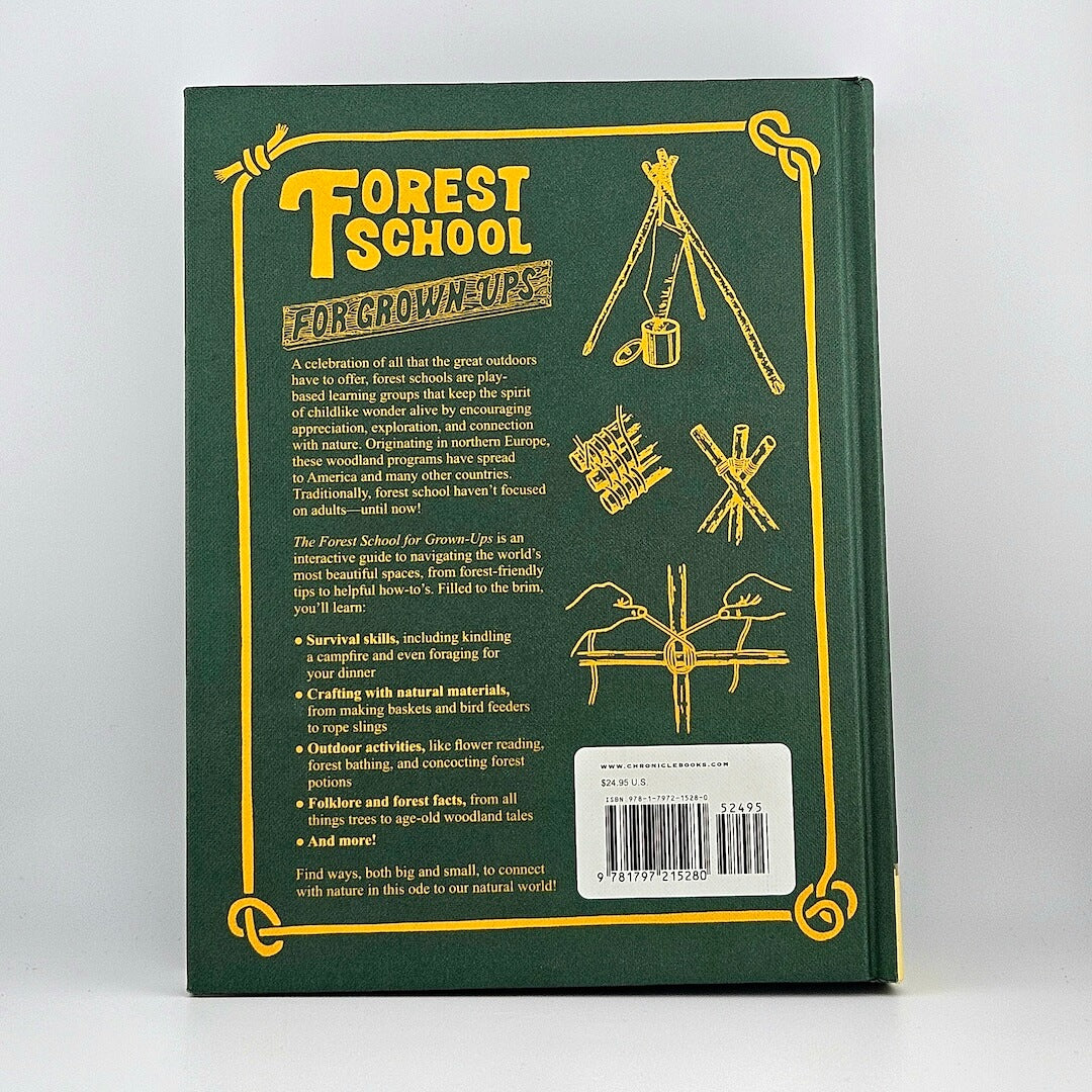 Book titled 'Forest School for Grown-Ups' with green cover and yellow text on a white background