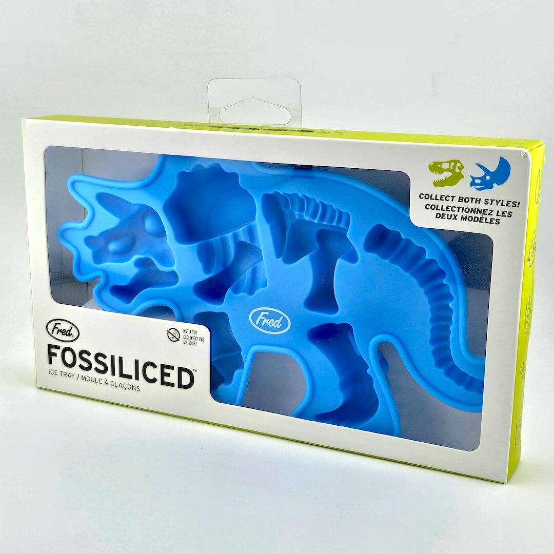 Blue dinosaur-shaped ice tray in a branded box on a white background
