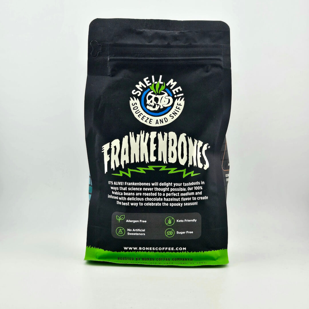 Black coffee bag with "Bones Coffee Company" branding and skeleton illustration.