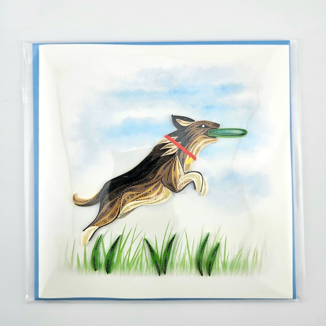 Card with a dog illustration holding a frisbee against a blue sky and green grass background.