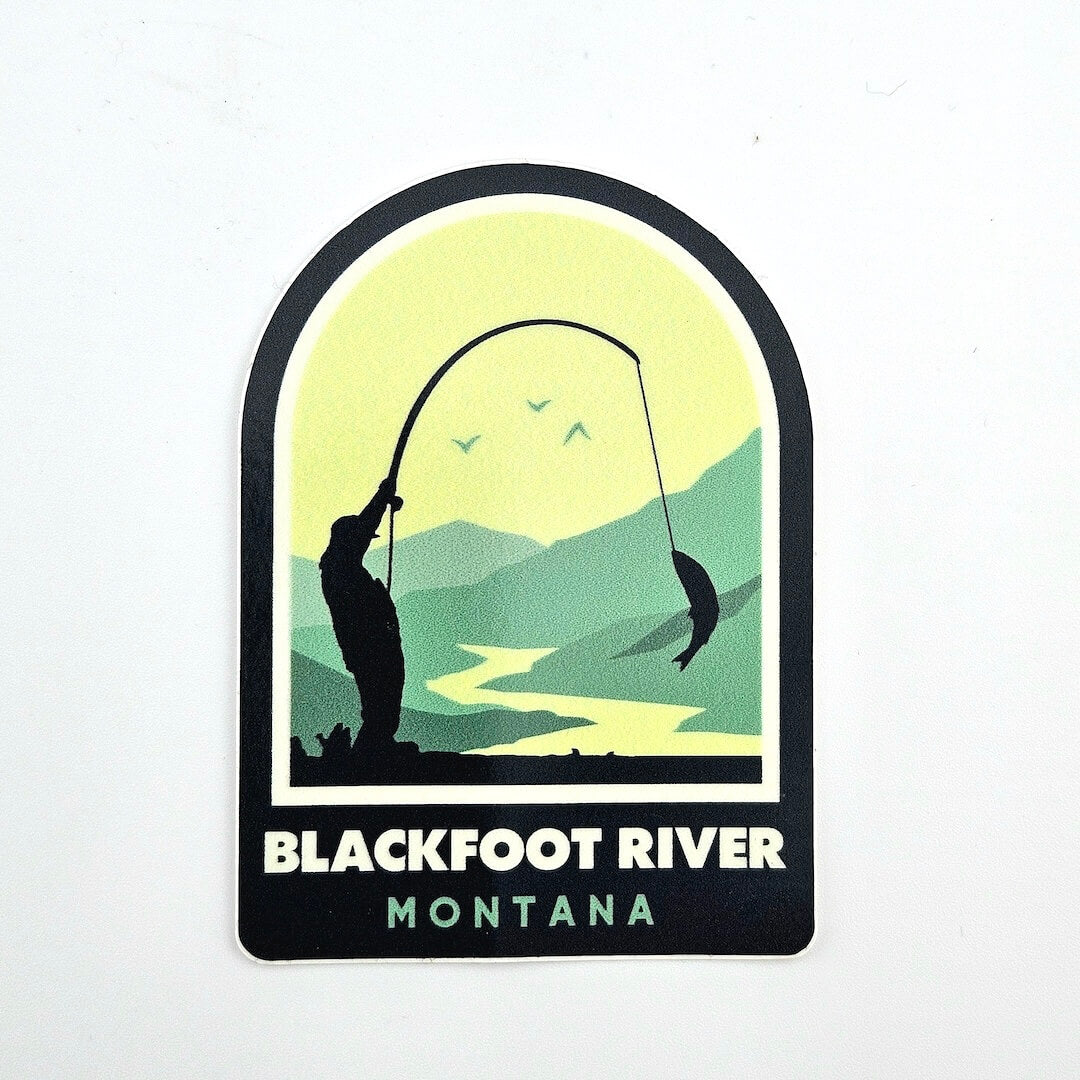 Sticker with a fishing design and 'Blackfoot River Montana' text on a white background