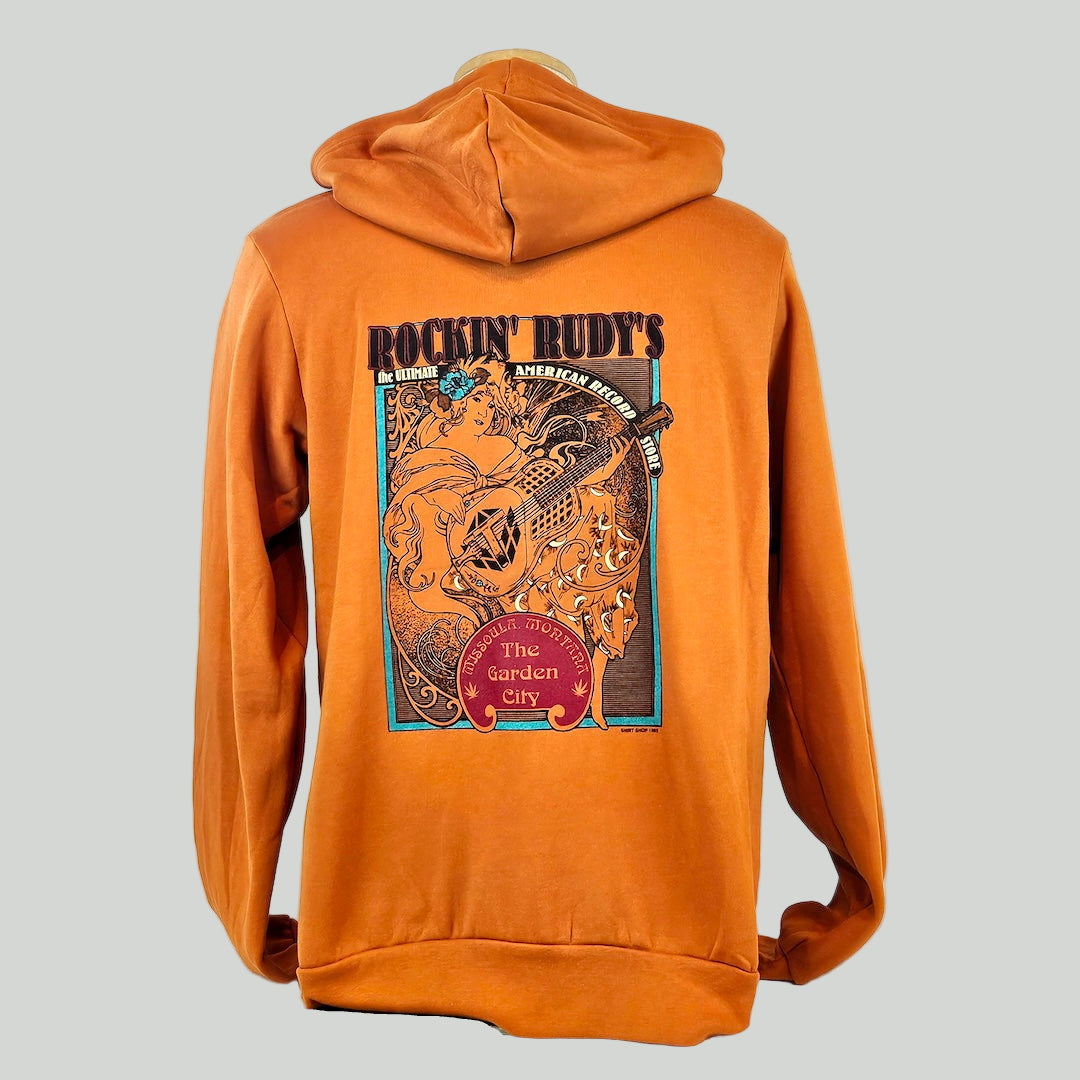 Orange hoodie with graphic design on the back against a white background