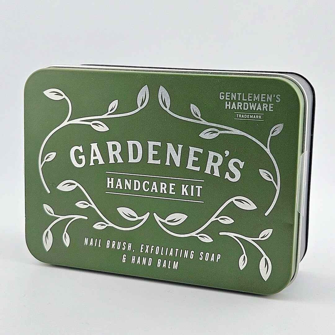 Green tin labeled 'Gardener's Handcare Kit' with white text on a light gray background