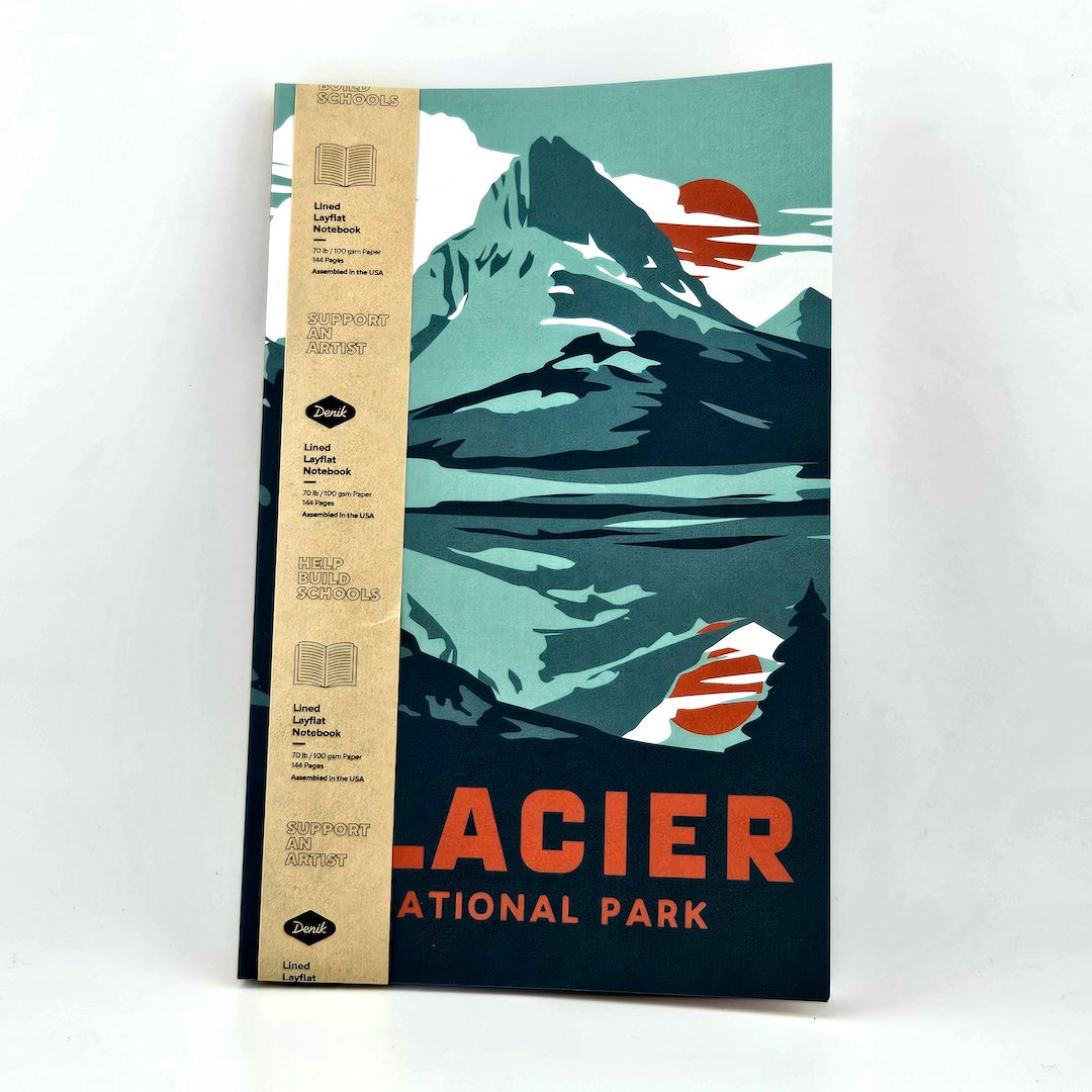 Notebook of Glacier National Park with mountain and lake illustration on a white background