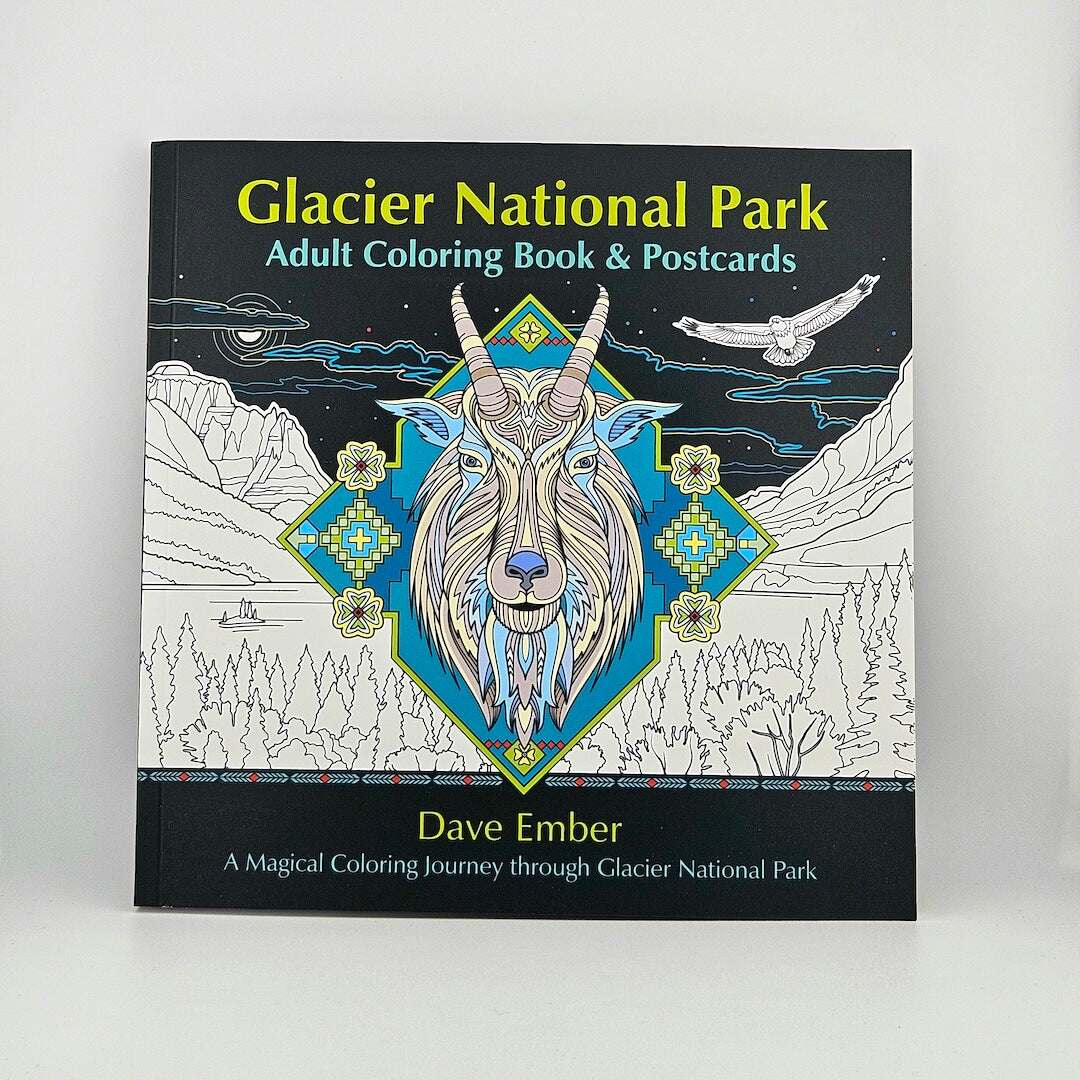 Book titled 'Glacier National Park Adult Coloring Book & Postcards' by Dave Ember on a white background