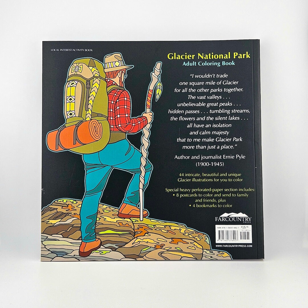 Back cover of a coloring book with a hiker illustration and text about Glacier National Park.