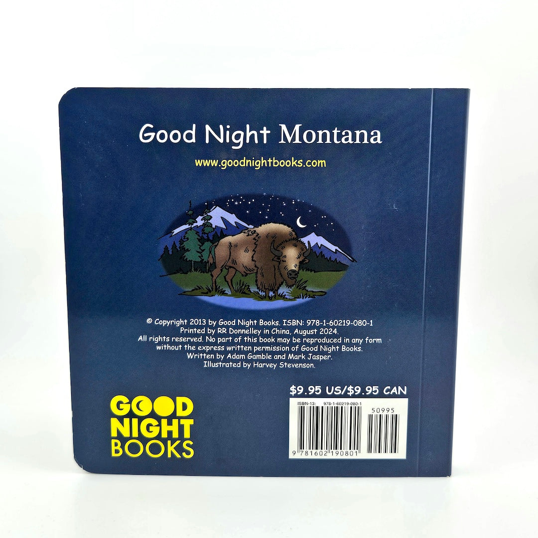 Back cover of a book titled 'Good Night Montana' with a bison illustration and text.