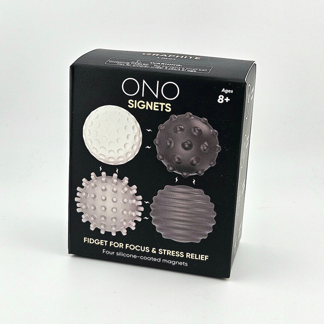 Box of ONO Signets fidget toys with images of textured balls on a white background