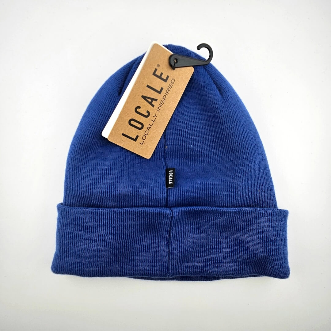 Blue beanie with a 'Locale' tag on a white background