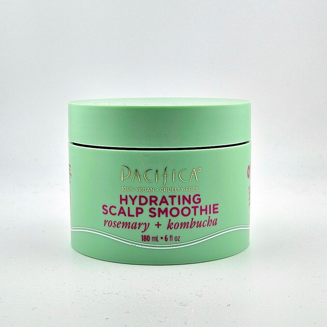Green jar of Pacifica Hydrating Scalp Smoothie on a white background