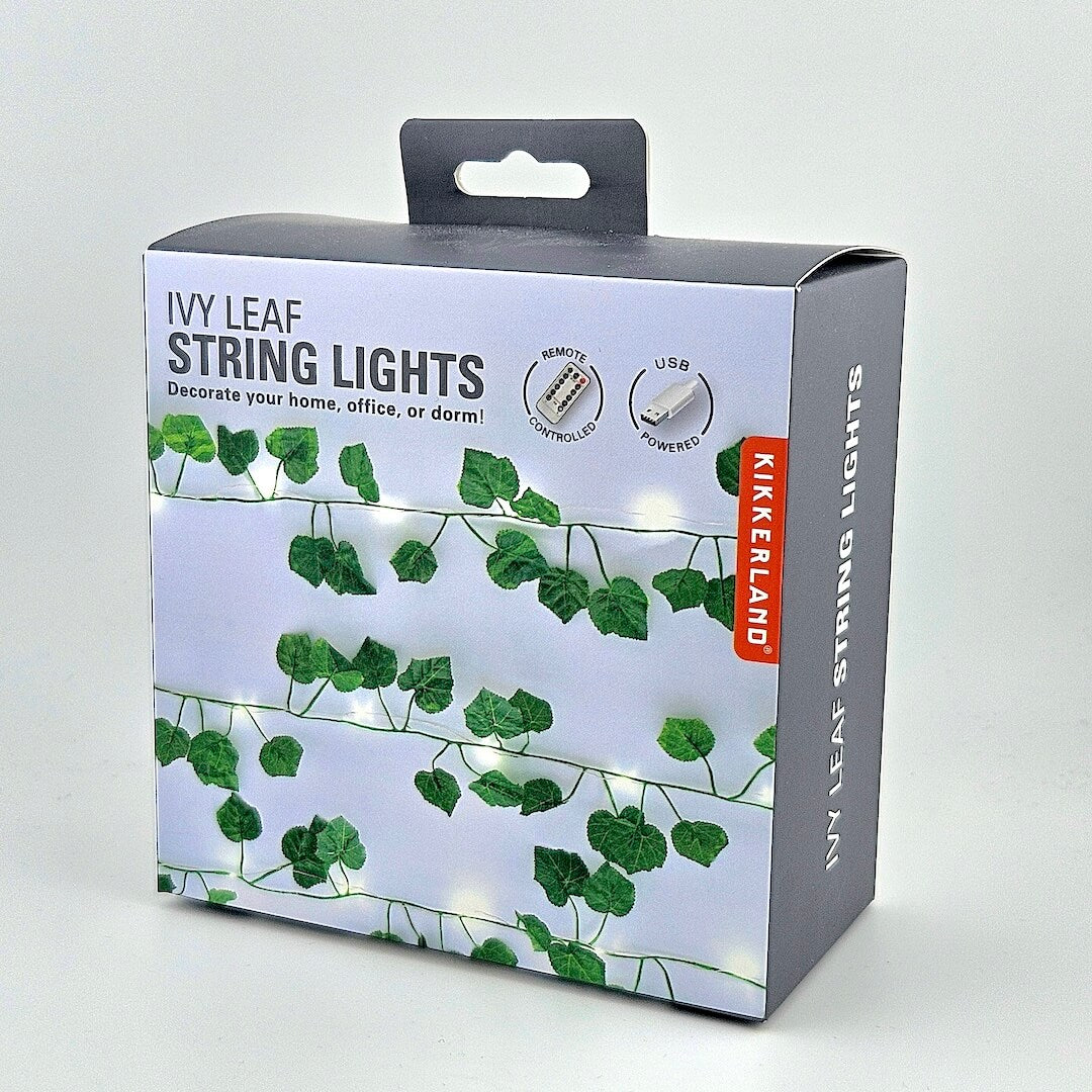 Box for ivy leaf string lights with red branding against white background.