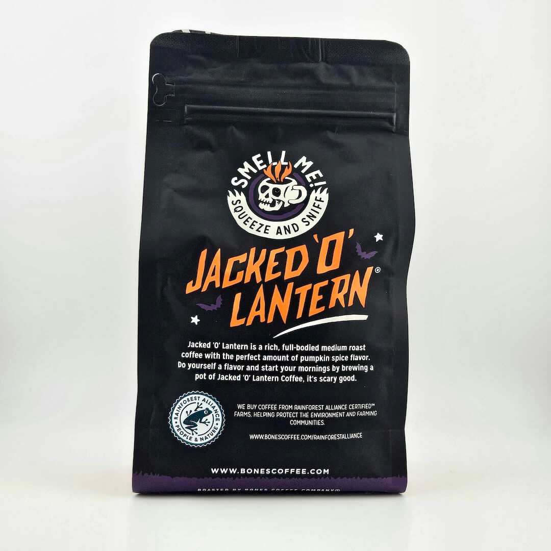 Black coffee bag labeled 'Jacked O' Lantern' on a white background